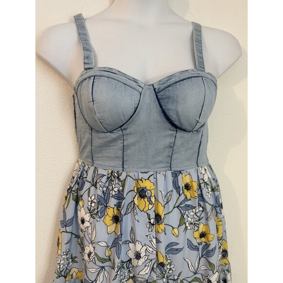 BOG Collective Maxi Dress Floral Corset Denim Blue Cottagecore Band Gypsies L - Picture 2 of 15